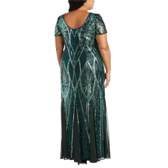 R&M Richards Elegant Evening Dress Womens Plus Green Sequined Long V-Neckline - Picture 3 of 16